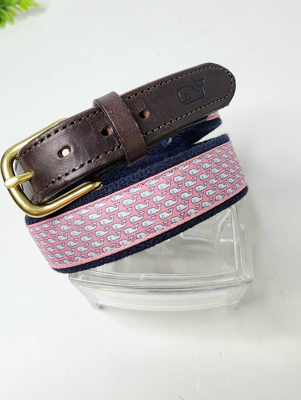 Vineyard Vines By Shepard & Ian Pink Whale Print Leather Trim Belt